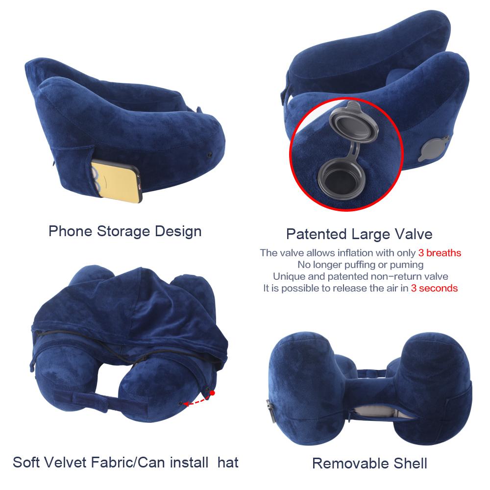 Neck Pillow Inflatable Travel Pillow Comfortably Supports The Head, Neck and Chin, Airplane Pillow with Soft Velour Cover, Hat, Portable Drawstring Bag, 3D Eye Mask and Earplugs