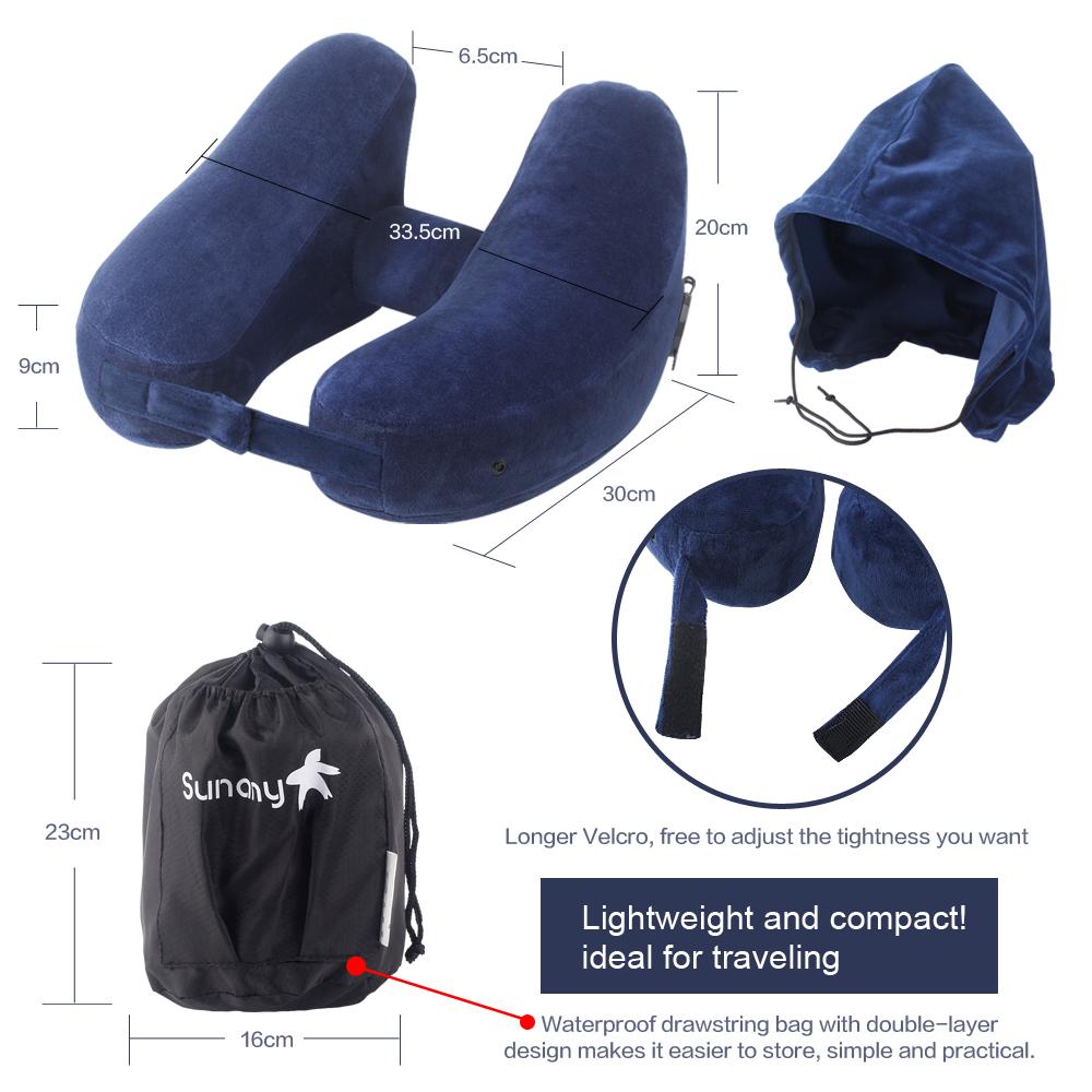 Neck Pillow Inflatable Travel Pillow Comfortably Supports The Head, Neck and Chin, Airplane Pillow with Soft Velour Cover, Hat, Portable Drawstring Bag, 3D Eye Mask and Earplugs