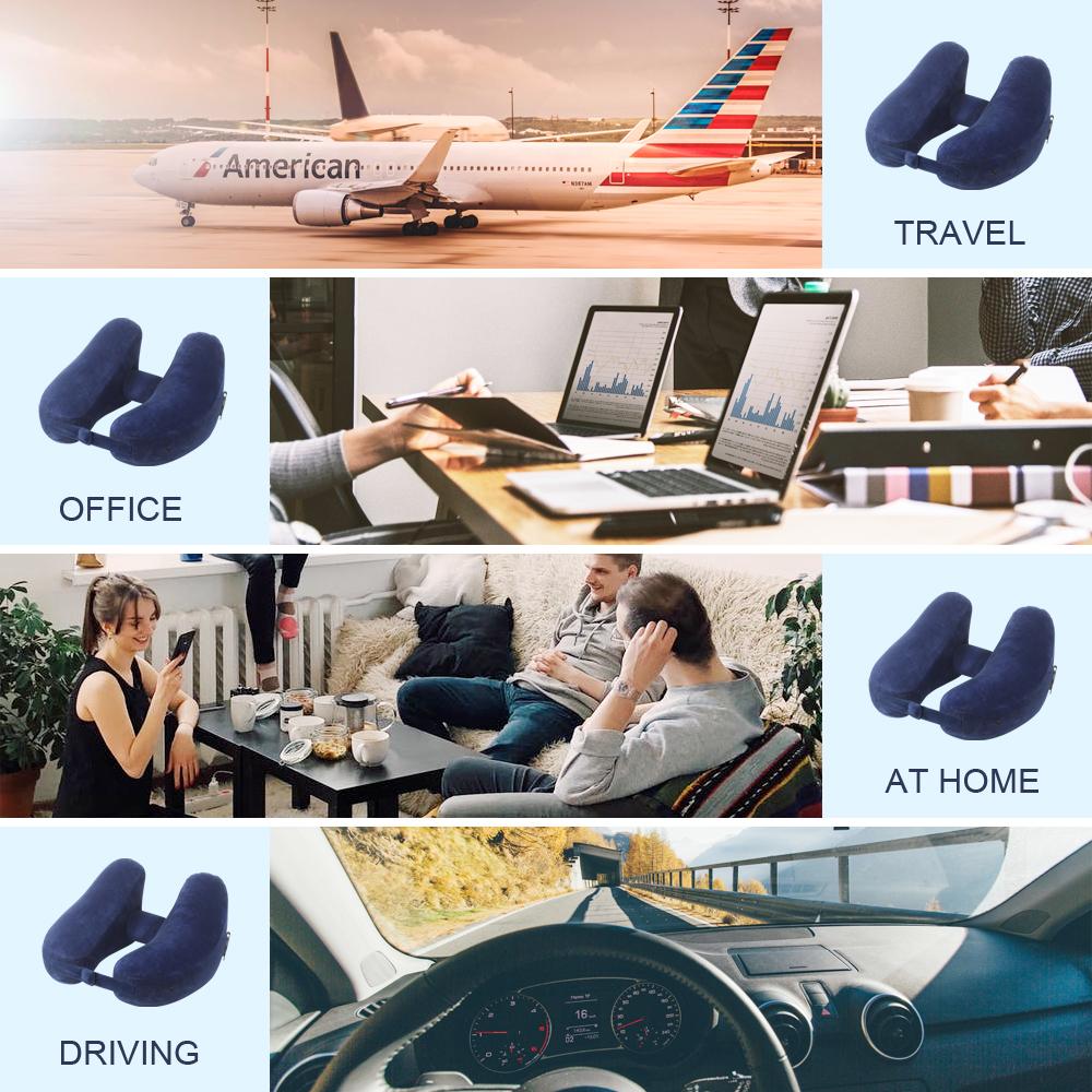 Neck Pillow Inflatable Travel Pillow Comfortably Supports The Head, Neck and Chin, Airplane Pillow with Soft Velour Cover, Hat, Portable Drawstring Bag, 3D Eye Mask and Earplugs