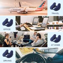 Load image into Gallery viewer, Neck Pillow Inflatable Travel Pillow Comfortably Supports The Head, Neck and Chin, Airplane Pillow with Soft Velour Cover, Hat, Portable Drawstring Bag, 3D Eye Mask and Earplugs
