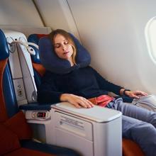 Load image into Gallery viewer, Neck Pillow Inflatable Travel Pillow Comfortably Supports The Head, Neck and Chin, Airplane Pillow with Soft Velour Cover, Hat, Portable Drawstring Bag, 3D Eye Mask and Earplugs